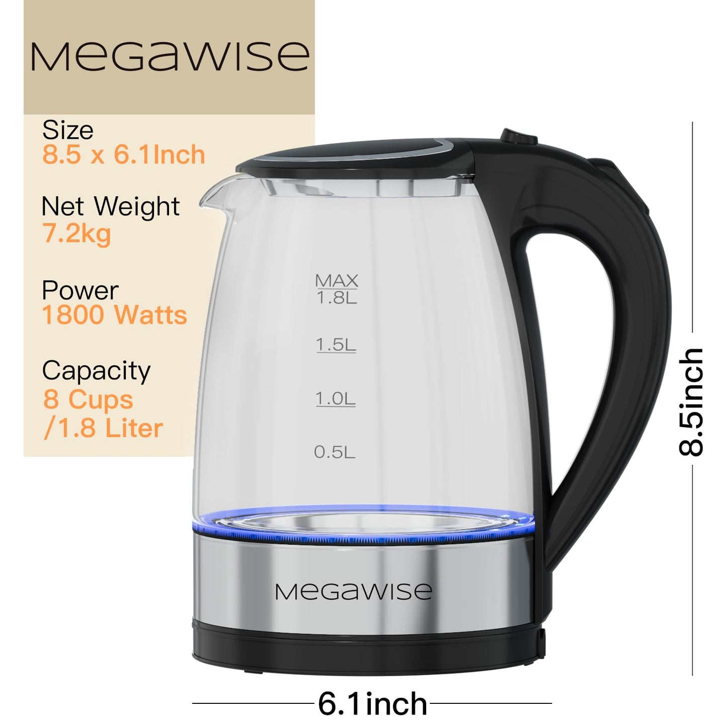 Megawise Electric Glass Kettle with Auto Shut-Off (1.8L)