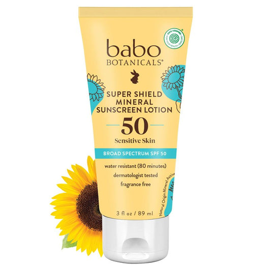 Babo Botanicals Sheer Mineral Sunscreen Lotion SPF 50 with 100% Mineral Active Ingredients for Babies, Kids or Extra Sensitive Skin, Lightweight, Water Resistant & Fragrance Free, Multicolor, Unscented, 3 Fl Oz