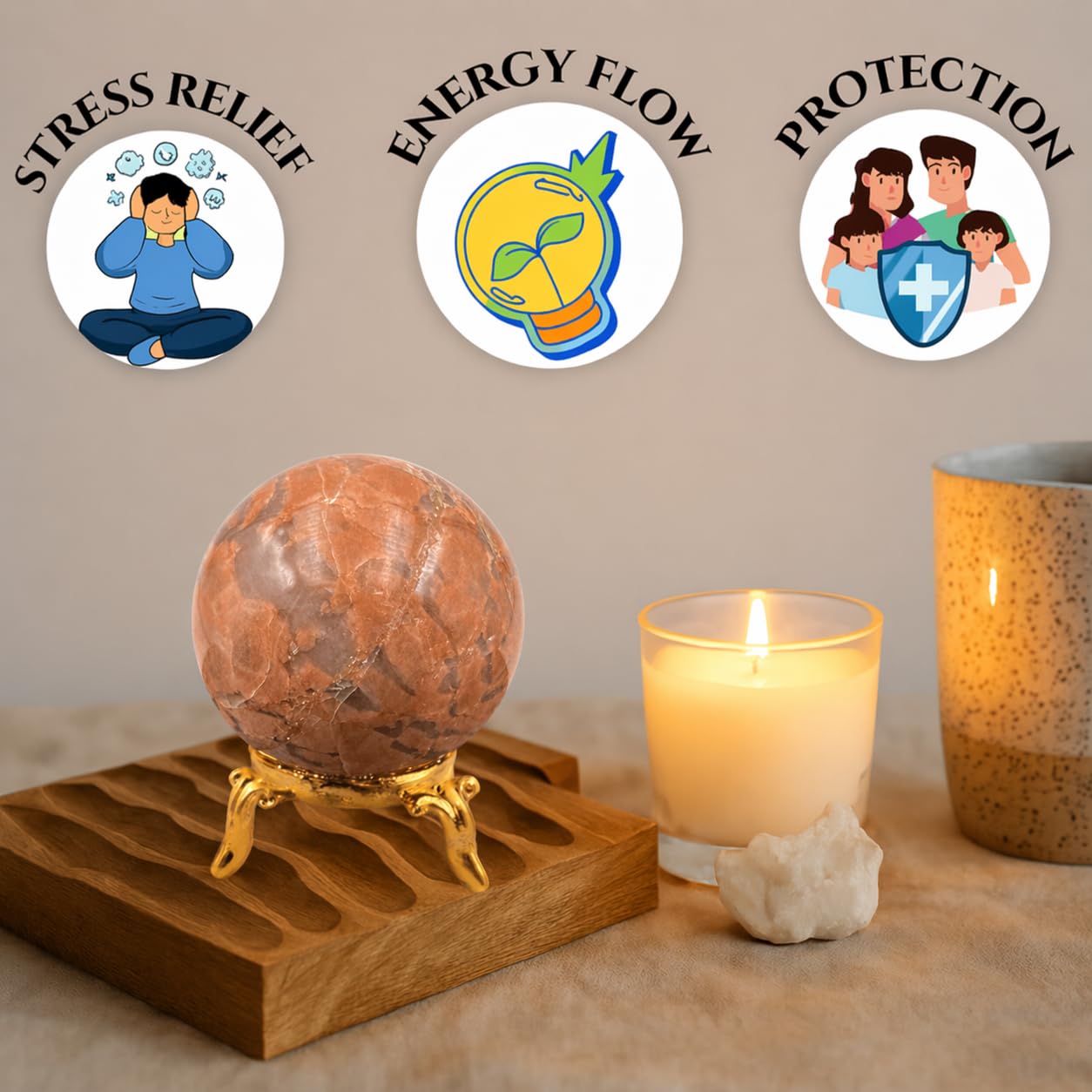 GEMSCITE Natural Moon Stone 50-55 mm Gemstone Ball Sphere with Stand Hand Carved Crystal Altar Healing Devotional Focus Spiritual Chakra Cleansing Metaphysical Gift for Men Women from India