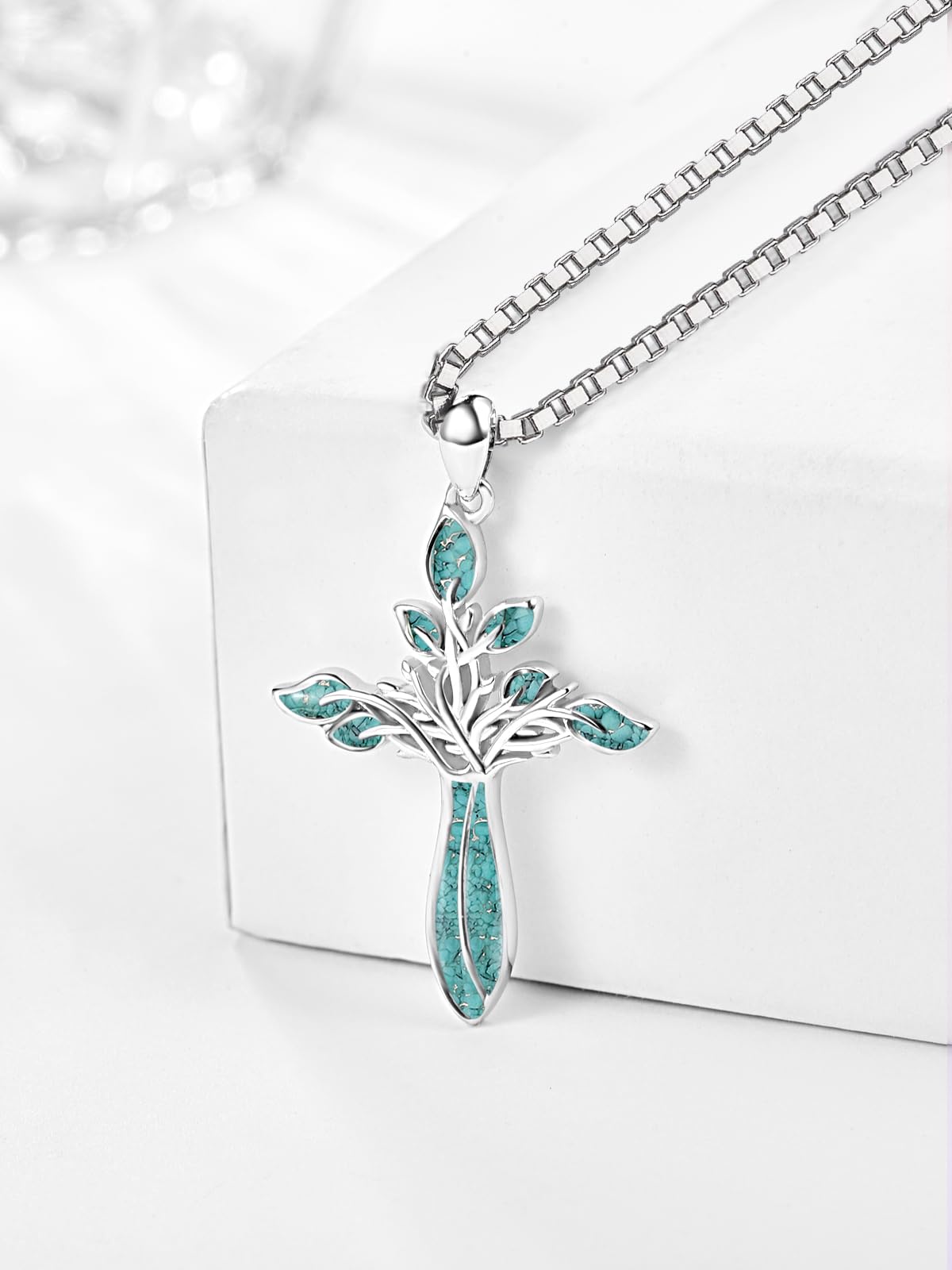 Dreamboat Turquoise Cross Necklace for Women Sterling Silver Cross Pendant Tree of Life Necklace Abalone Shell Faith Confirmation Gifts Christian Religious Jewelry for Mom
