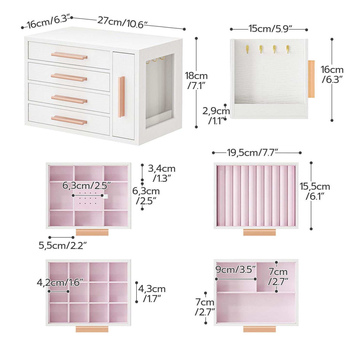 HOOBRO Jewelry Box for Women, Wooden Jewelry Organizer with Transparent Window, 4-Layer Jewelry Organizer Box, Jewelry Holder Organizer for Earrings, Necklaces, Rings, White and Gold WD09JB04