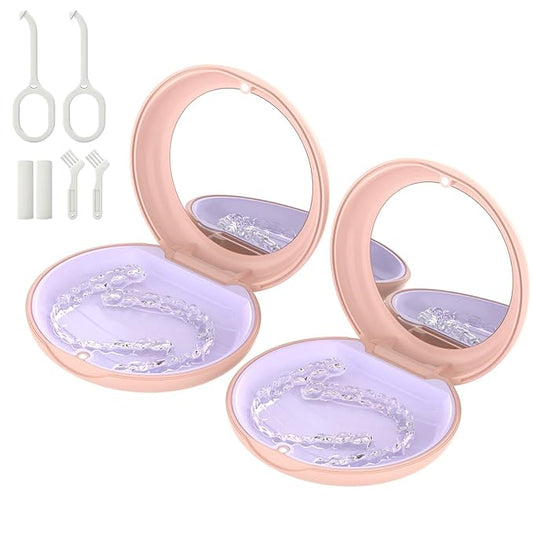 2 Pack Retainer Case with Mirror, Compatible with Invisalign, Slim Aligner Case for Travel, Includes Removal Tools, Seaters & Brush, Magnetic Secure Closure Retainer Box - Pink