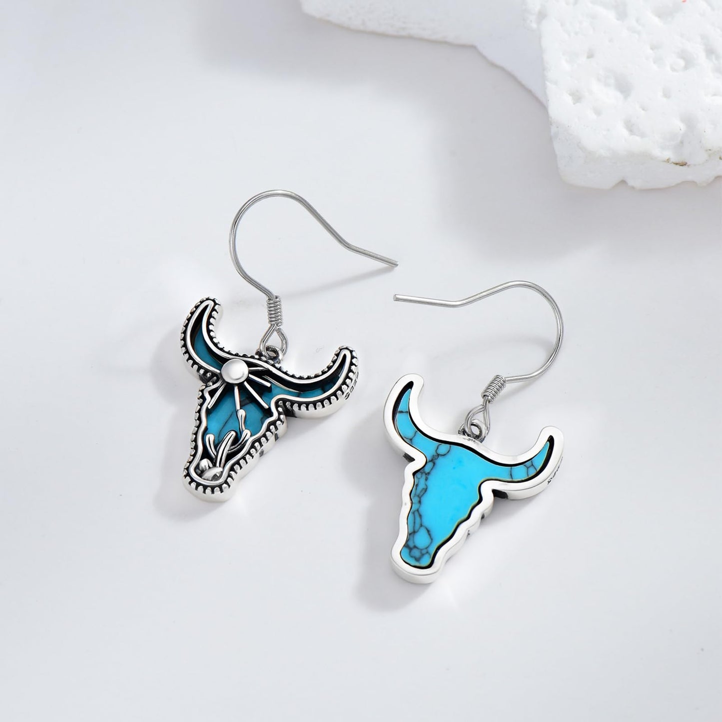 KoyeKei Western Cow Skull Earrings for Cowgirl Cowboy 925 Sterling Silver Longhorn Cow Skull Cactus Turquoise Dangle Drop Earrings Country Jewelry Bohemian Gifts for Women