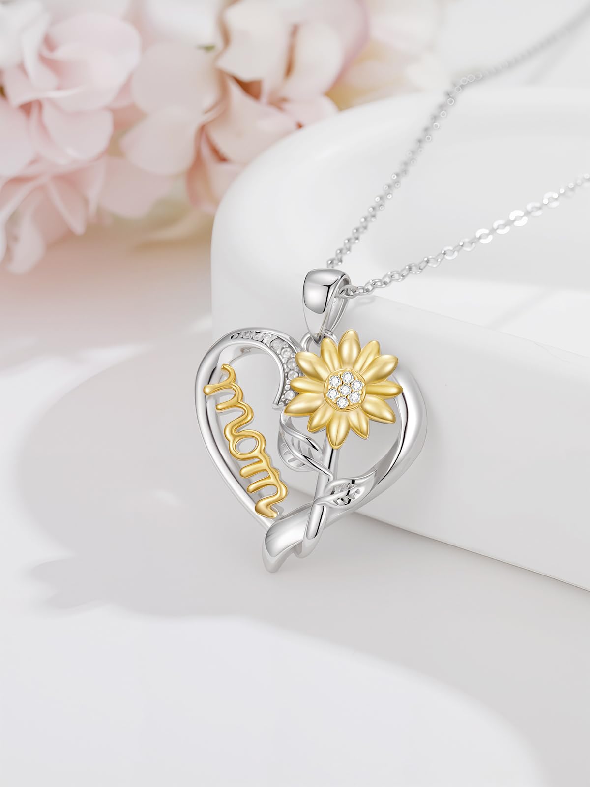 ZBA Real Diamond Sunflower Necklace for Mom, 925 Sterling Silver Sunflower Necklace for Mom Sunshine Gifts Fine Jewelry Anniversary Valentines Birthday Mothers Day Gifts for Mother Grandmother from Daughter Son