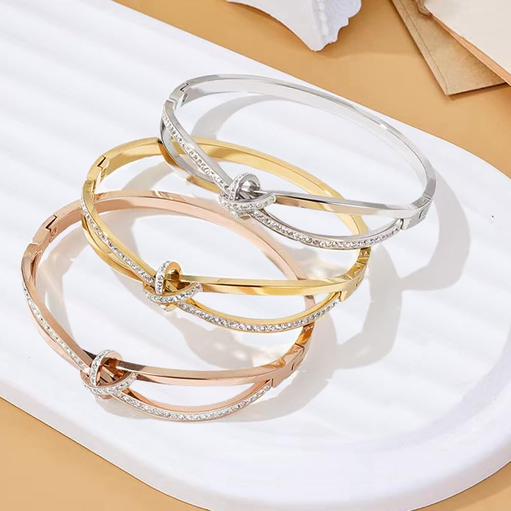 Bow Bangle Bracelet for Women Personalized Cubic Zirconia Stainless Steel Bracelets Oval Butterfly Knot Bangles Bracelets Gifts for Love （Rose）