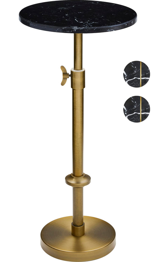 Adjustable-Height Marble Drink Table - 10x10x22-30, Black Marble & Antique Brass, Modern Round End Table, Side Table with Pedestal Stand for Small Spaces, Vintage Metal Martini Cocktail Accent