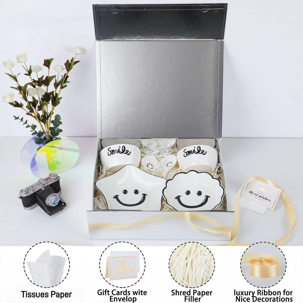 UoeRing 1 Pcs Silver Gift Box Large 13.5x11.8x4.7 inch Luxury Gift Box for Presents with Magnetic Closure Lid Collapsible,Birthday,Contains Card, Ribbon, Tissue Paper,Shredded Paper Filler