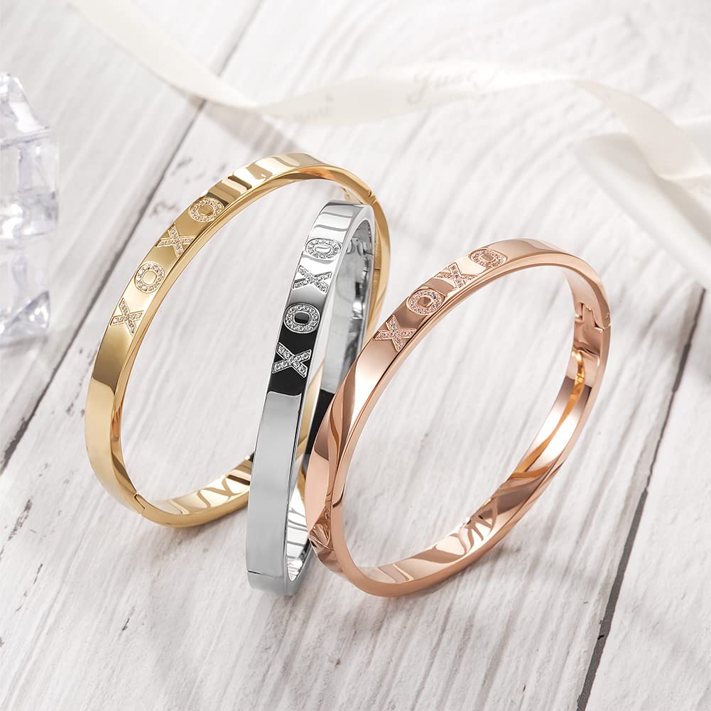 WISTIC Gold Plated Bangle Bracelet for Women, Silver Engraved Letter Cuff Bracelet with CZ, Fits 6.0–7.0 Inch Wrist, 2.4in Inner Dia., Rose Gold Stainless Steel Hinged Bangle Jewelry, XOXO, Gold