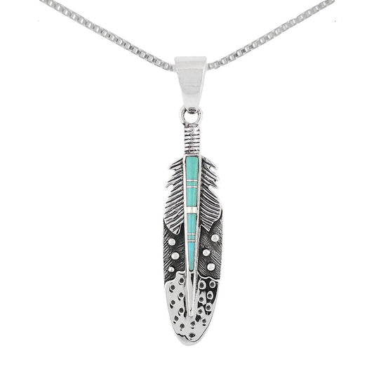 925 Sterling Silver Gemstone & Turquoise Feather Necklace (Pendant & 24" Chain) (Turquoise)
