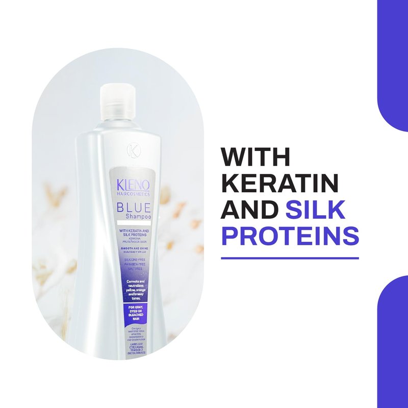 Kleno Blue Silver Intense Shampoo - Keratin & Silk Proteins, Neutralizes Yellow, Orange & Brassy Tones, Unisex Toning Treatment, Softness & Shine, 32.13 fl oz Bottle