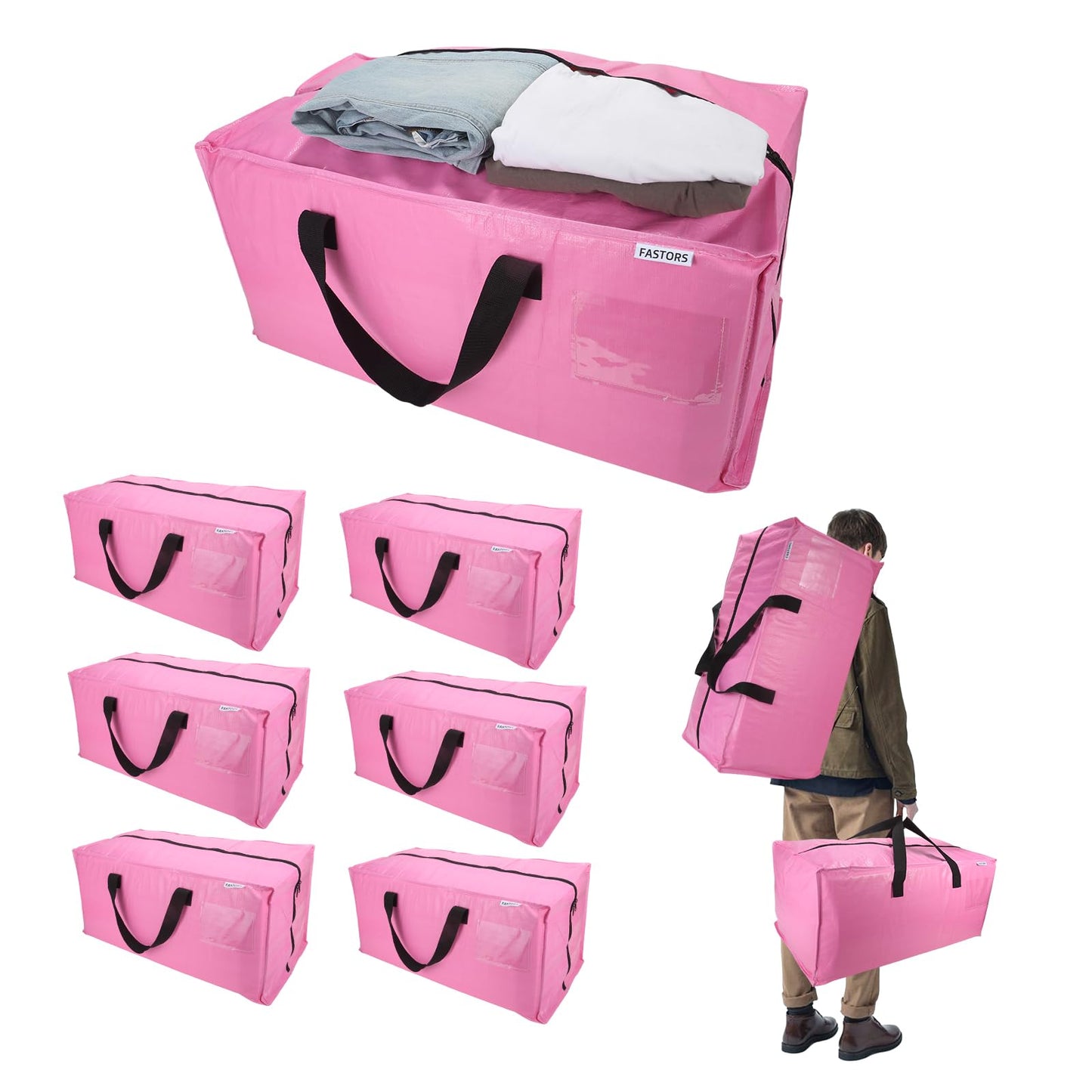 FASTORS 6-Pack Moving Bags,Heavy Duty Large Storage Bags with Zippers & Backpack Straps,Space Saver Bags are Packing Supplies for Moving & Travel,Alternative to Moving Boxes(Pink)