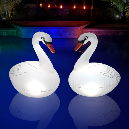Goallim Floating Pool Lights Solar 2PK, Waterproof Inflatable Swan Pool Lights, Glow in The Dark Color Changing LED Pool Floating Swan Light for Backyard Spa Patio Wedding Party Decor