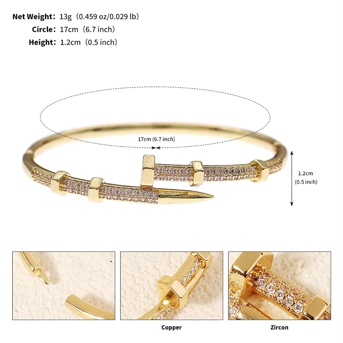 NMAVXKLI Nail Bangle Bracelet for Women 18K Gold Plated Cubic Zirconia Stones Titanium Steel Bracelet Jewelry Valentines Christmas Gifts (2PCS(Gold+Silver))
