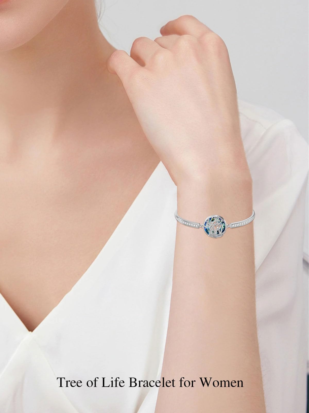 TOUPOP Tree of Life Bracelet Sterling Silver Initial W Letter Bangle Bracelet Family Tree Blue Crystal Jewelry Mothers Day Birthday Gifts for Women Mom Wife