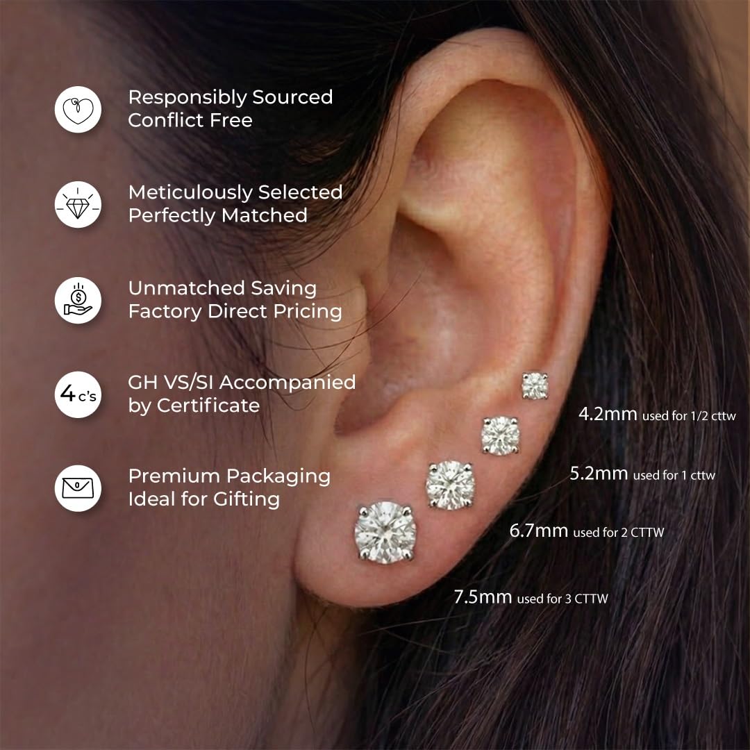 Diamond Earrings Studs for Women | Lab Grown 1/6 CTTW Real 14K White Gold Small Diamond Earrings | Certified by Gemologists | Ideal Valentine's Day Surprise for Wife