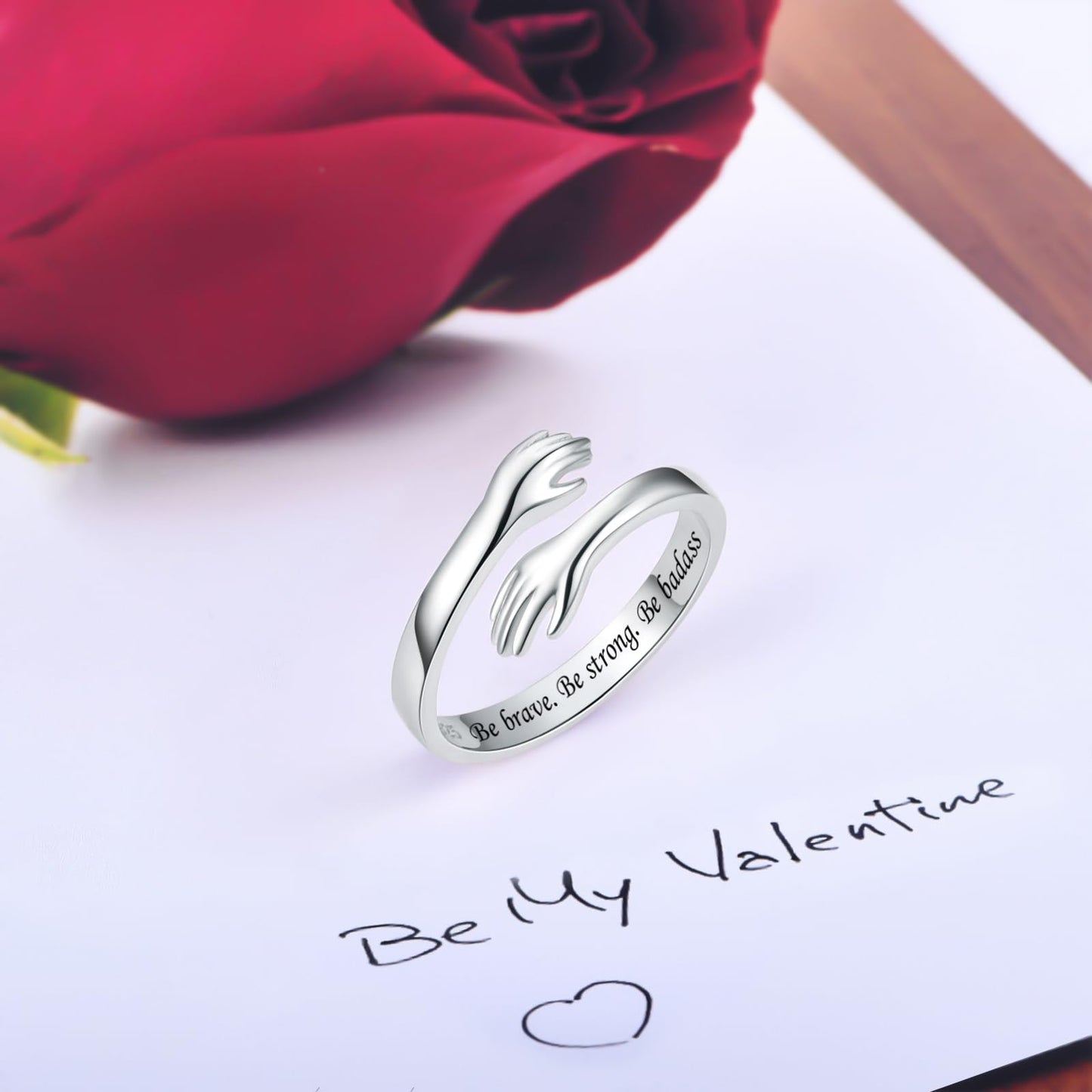 ACJFA Hug Rings for Women Sterling Silver Adjustable Ring for Women Daughter Hand Ring Jewelry for Birthday Gifts Holiday Gift (Be brave. Be strong. Be badass)