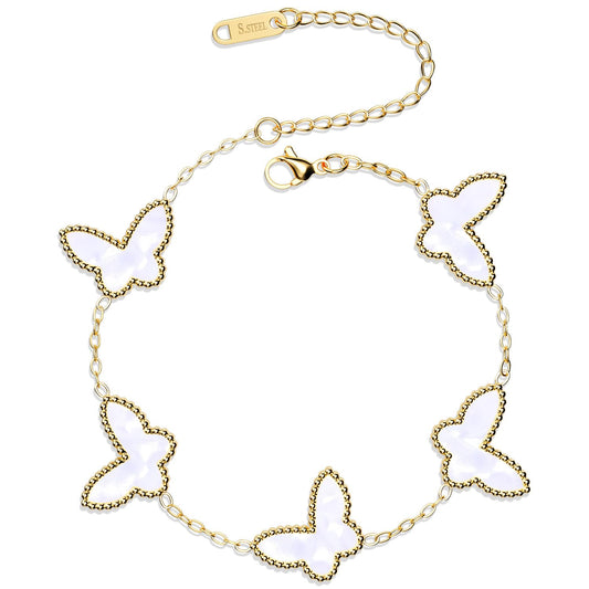 AICase 18K Gold Plated Clover Bracelet Dupes White Bracelet Set for Women Butterfly Flower Leaf Lucky Clover Bracelets Trendy Jewelry Birthday Gifts for Women/MoM/Friends_White
