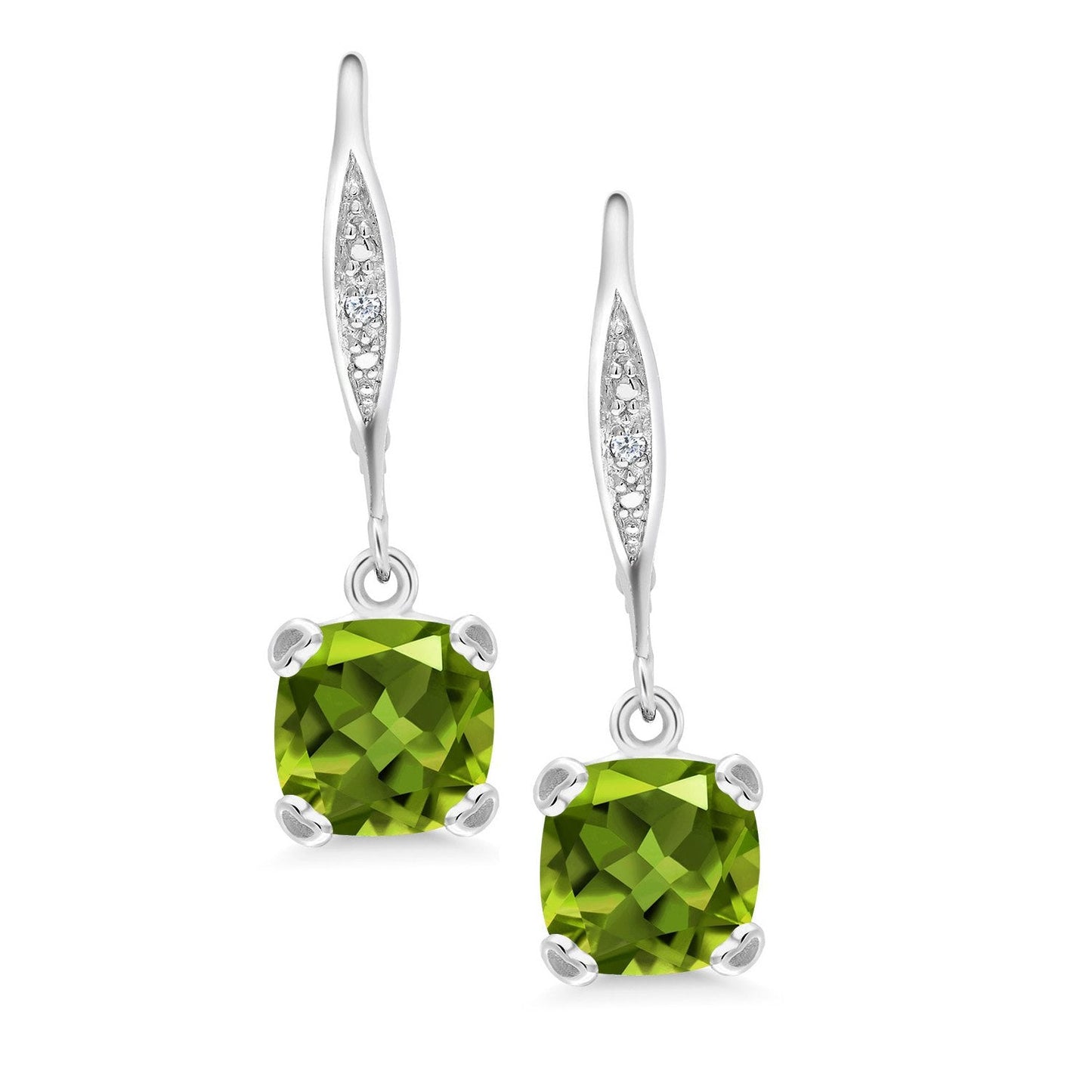 Gem Stone King Drop Dangle Earrings For Women | 7MM Cushion Cut Gemstone Birthstone and Diamond | 925 Sterling Silver | Jewelry Gift for Mom Wife Her | Peridot-August | Sterling Silver