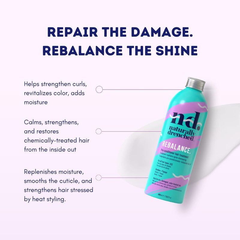 Naturally Drenched Rebalance Pre-Conditioner Hair Treatment for Dry, Damaged or Color Treated Hair | Vegan, Phalate & Paraben-Free | 13.5 Ounces