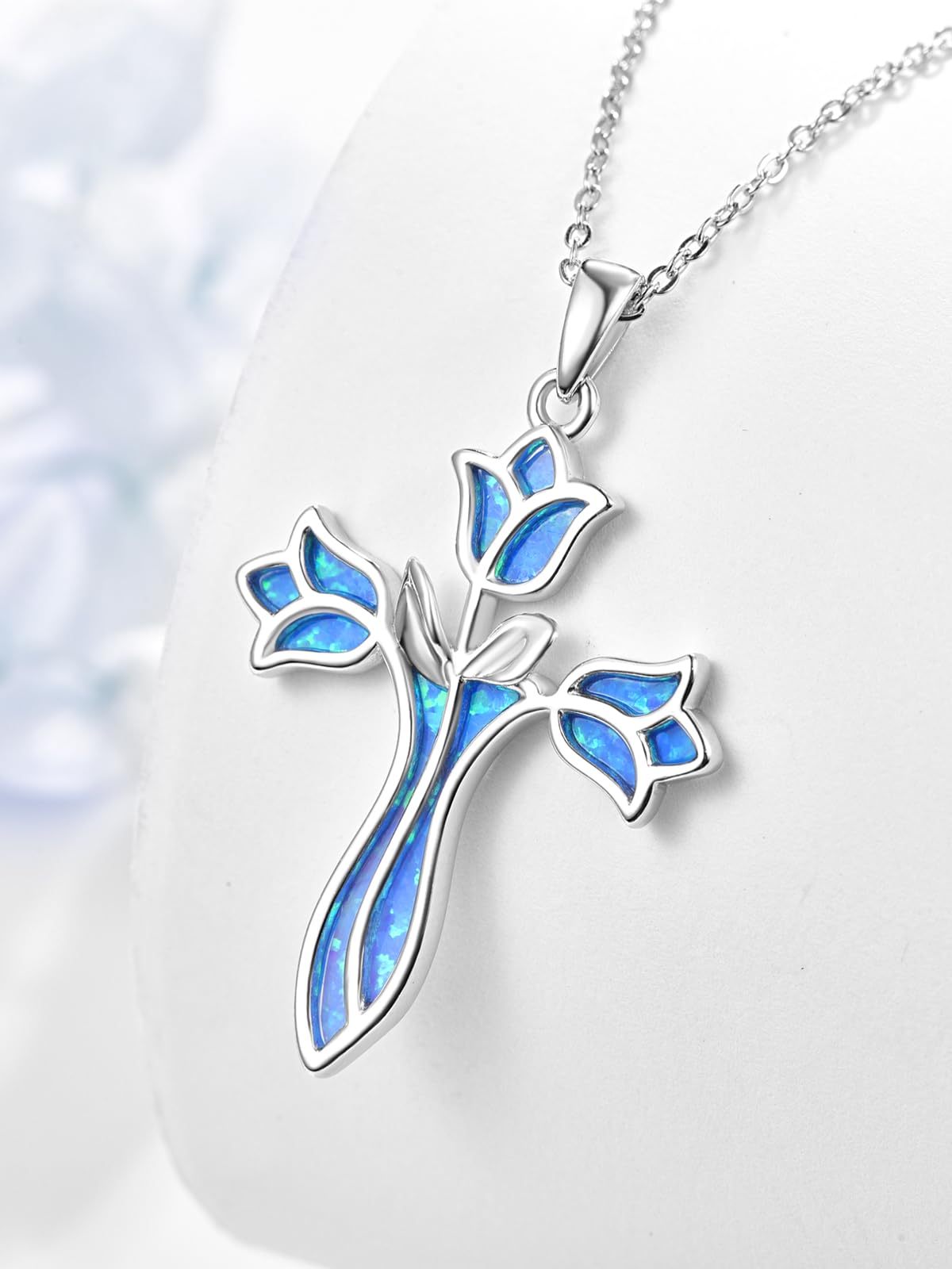 Dreamboat Opal Cross Necklace for Women Sterling Silver Cross Pendant Christian Necklace Tulip Rose Blue Opal Faith Confirmation Gifts Religious Jewelry for Mom