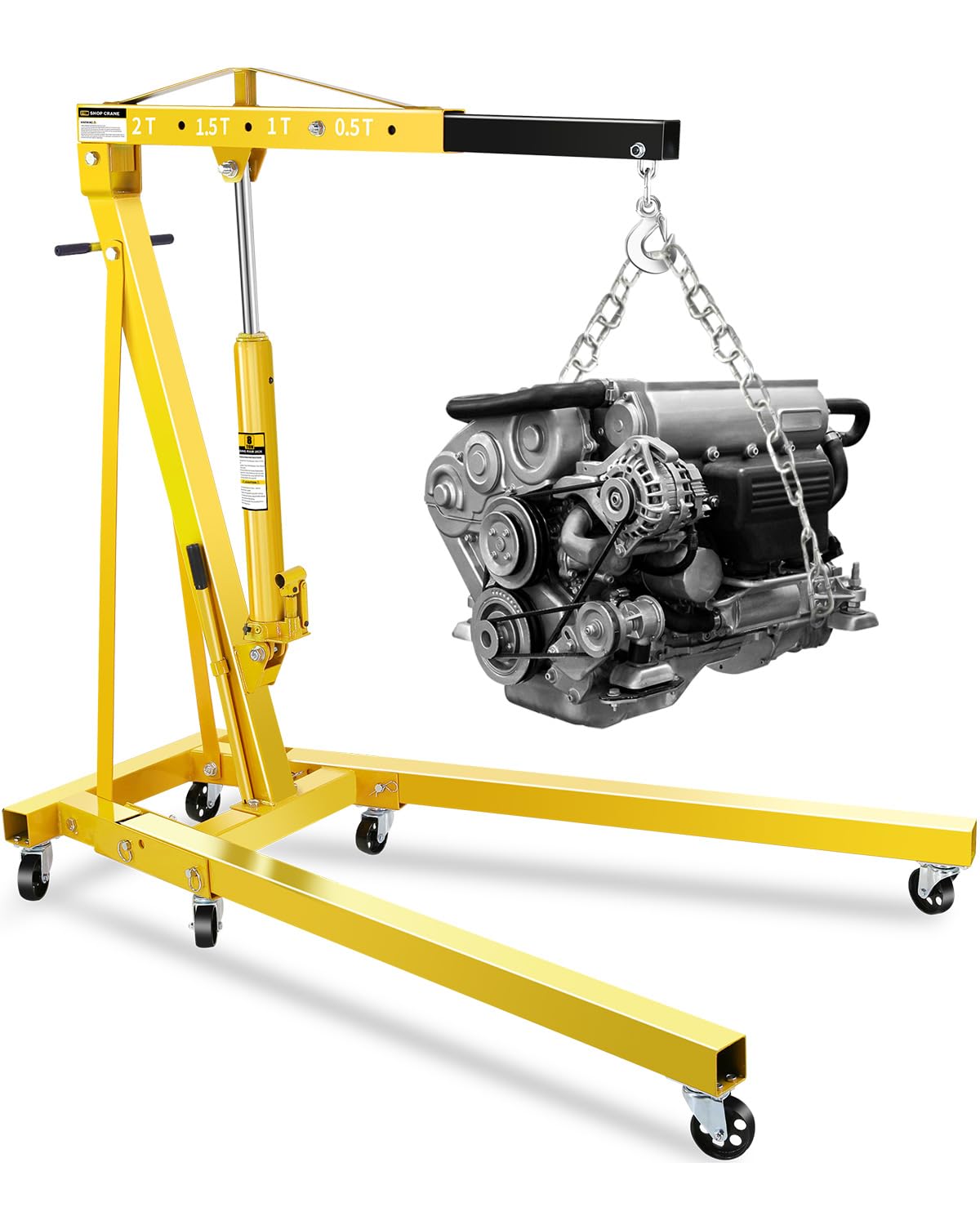 2-Ton Shop Crane, Hydraulic Folding Engine Hoist w/6 Steel Casters - Lift Car Transmissions, Boat Motors, Farm Equipment (Net Wt. 157 lbs)
