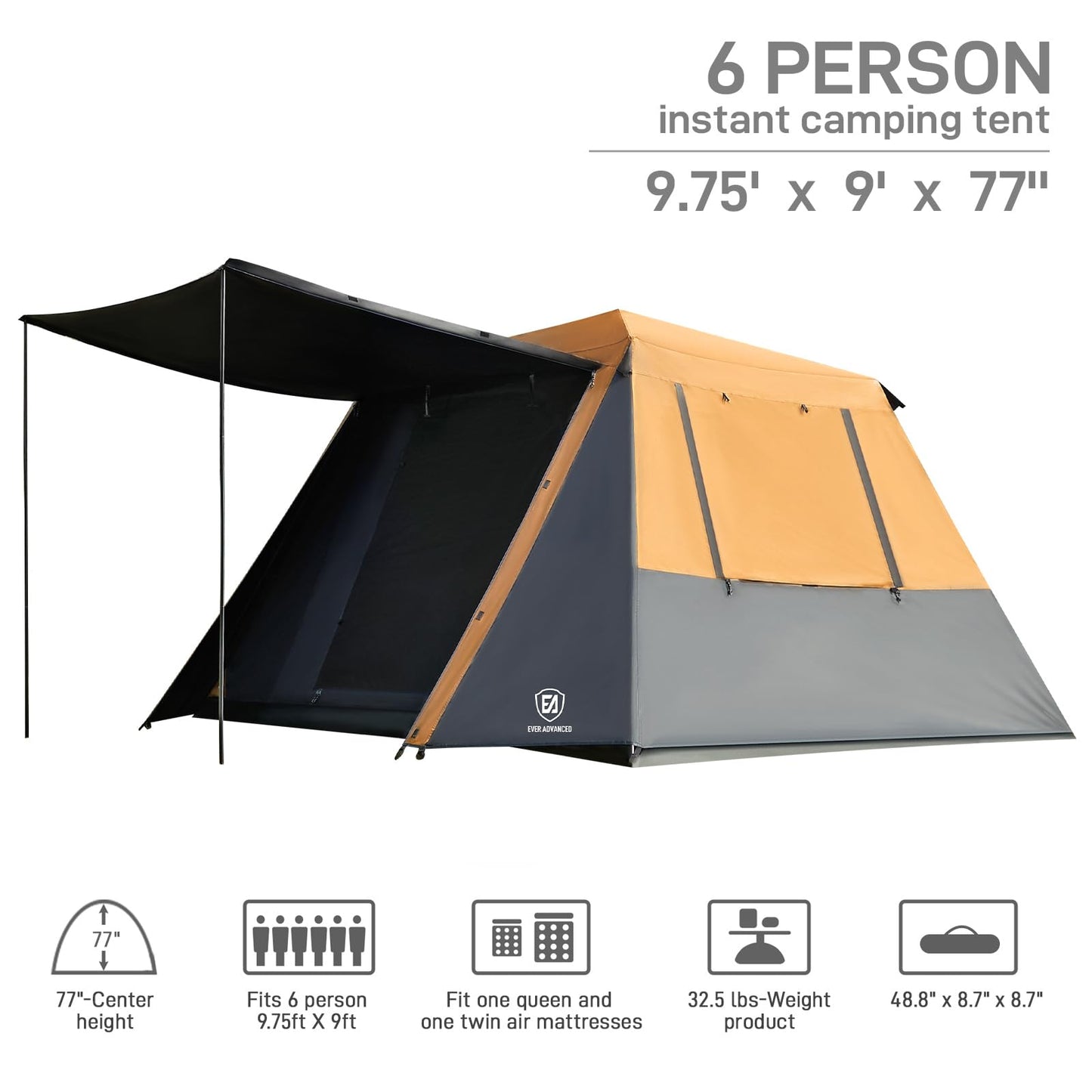 EVER ADVANCED Blackout Design 6 Person Camping Tent, Instant Cabin Tent for Family with Vestibule and Large Mesh Windows, 60s Easy Setup, Double Layer, Water-Resistant, Orange&Black