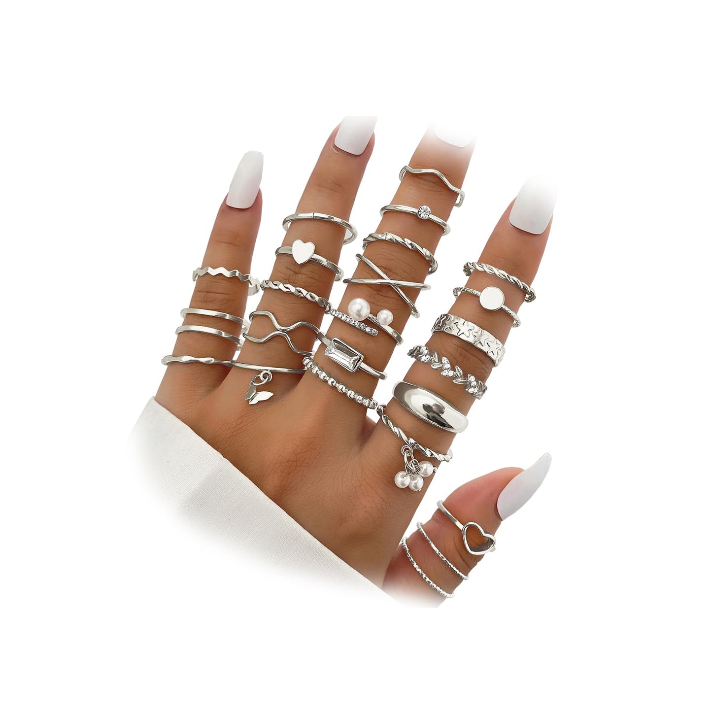 IFKM 24 Pcs Silver Knuckle Rings Set For Women Vintage Stackable Joint Finger Midi Rings Dainty Cubic Zirconia Crystal Simple Twist Hollow Cute Rings Pack Jewelry Gift (Heart's Voice, Silver)