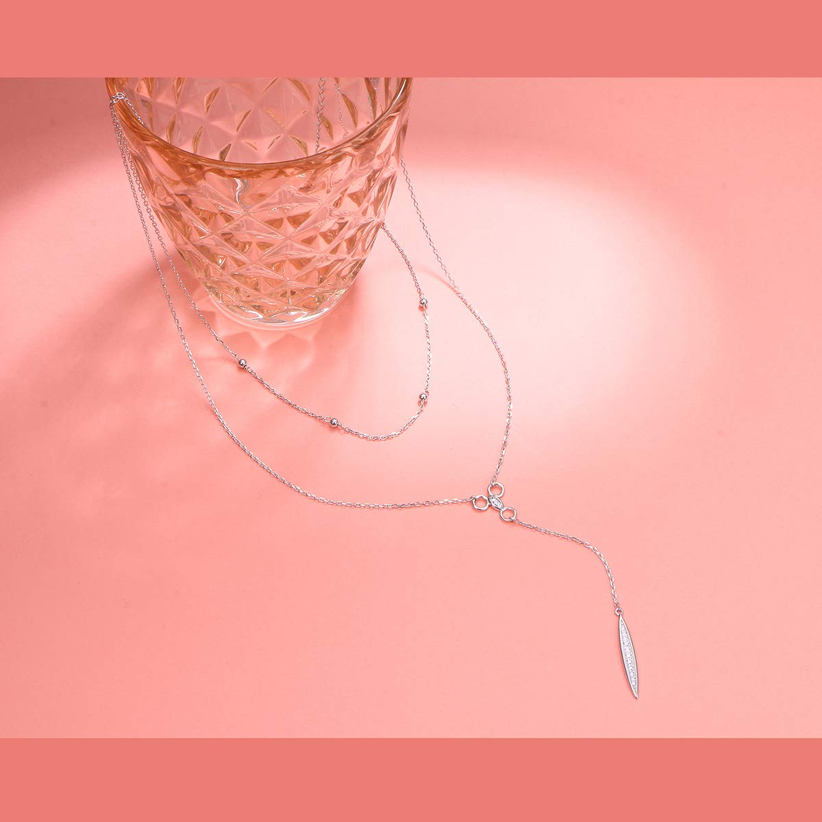 FLYOW Multi Layered Bar Necklace S925 Sterling Silver Beads Choker Marquise Cubic Zirconia Y Lariat Necklaces Long Chain Jewelry Gifts for Women Mothers Day Gifts