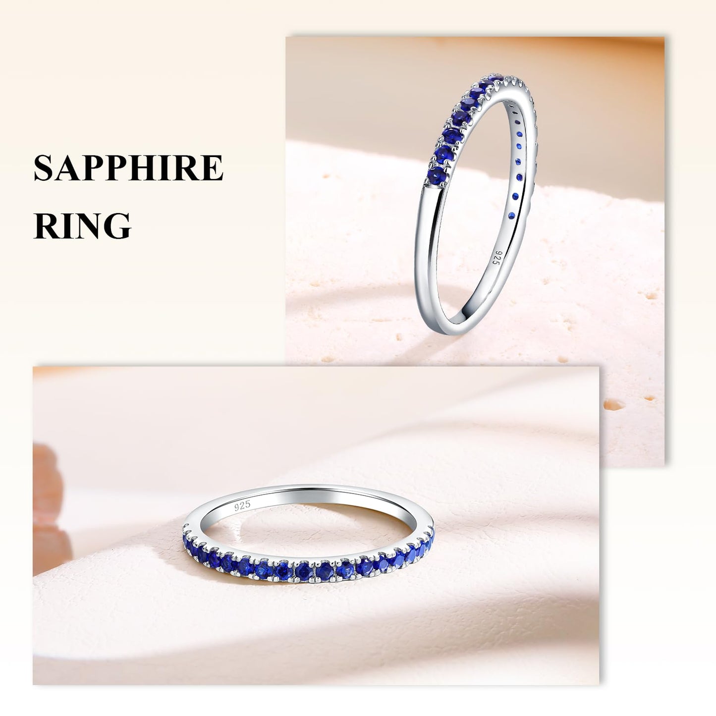 AGRULE 0.4 Cttw Sapphire Rings for Women Men Classic Silver Wedding Band with Gemstone Sterling Silver Half Eternity Band Rings Blue Stone Saphire Ring, Size 7