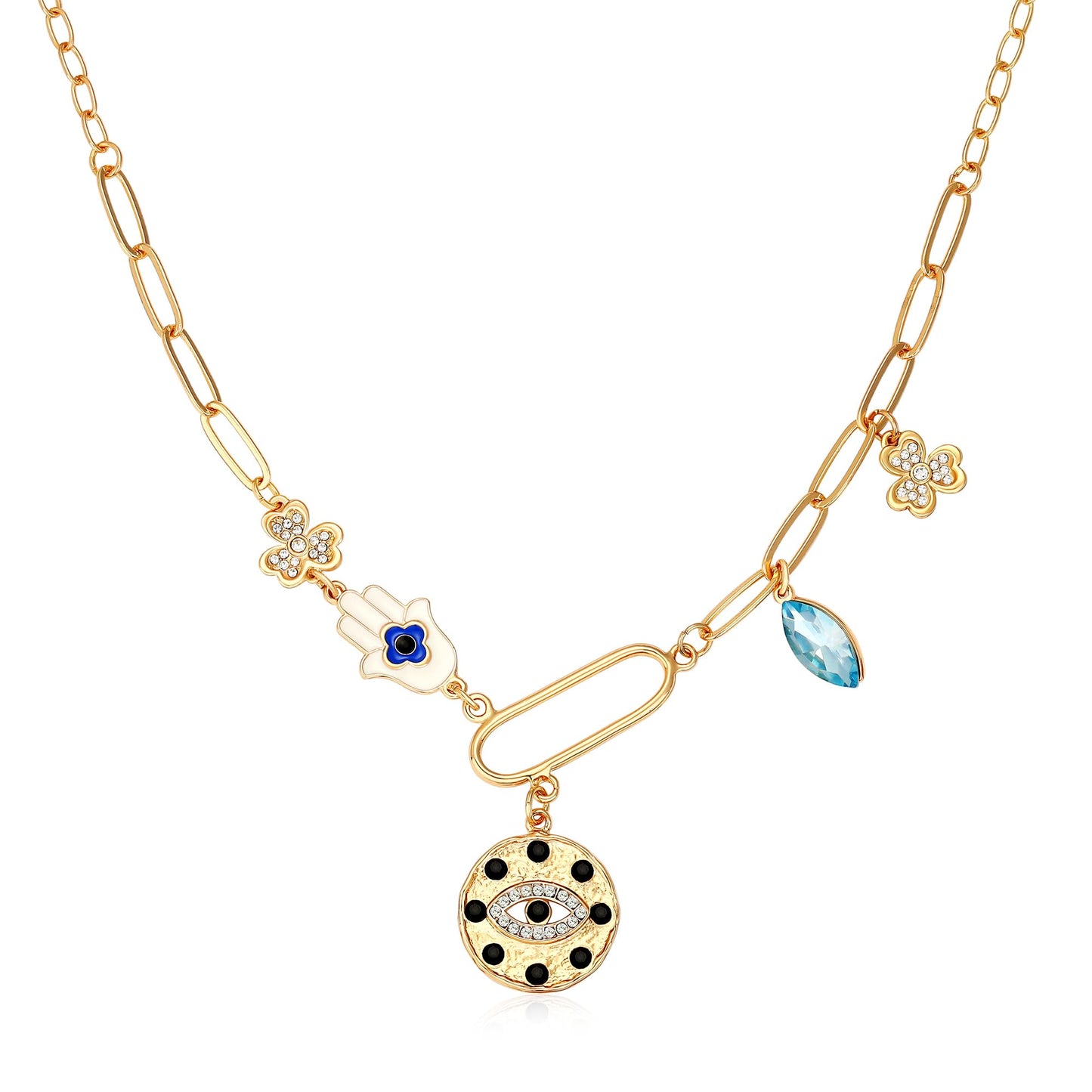 MISS RIGHT Charm Necklace for Women Dainty Gold Evil Eye Hamsa Hand Coin Lucky Pendant Vintage Paperclip Chain Clover Flower Chunky Charm Necklace Jewelry Gifts CLOVER