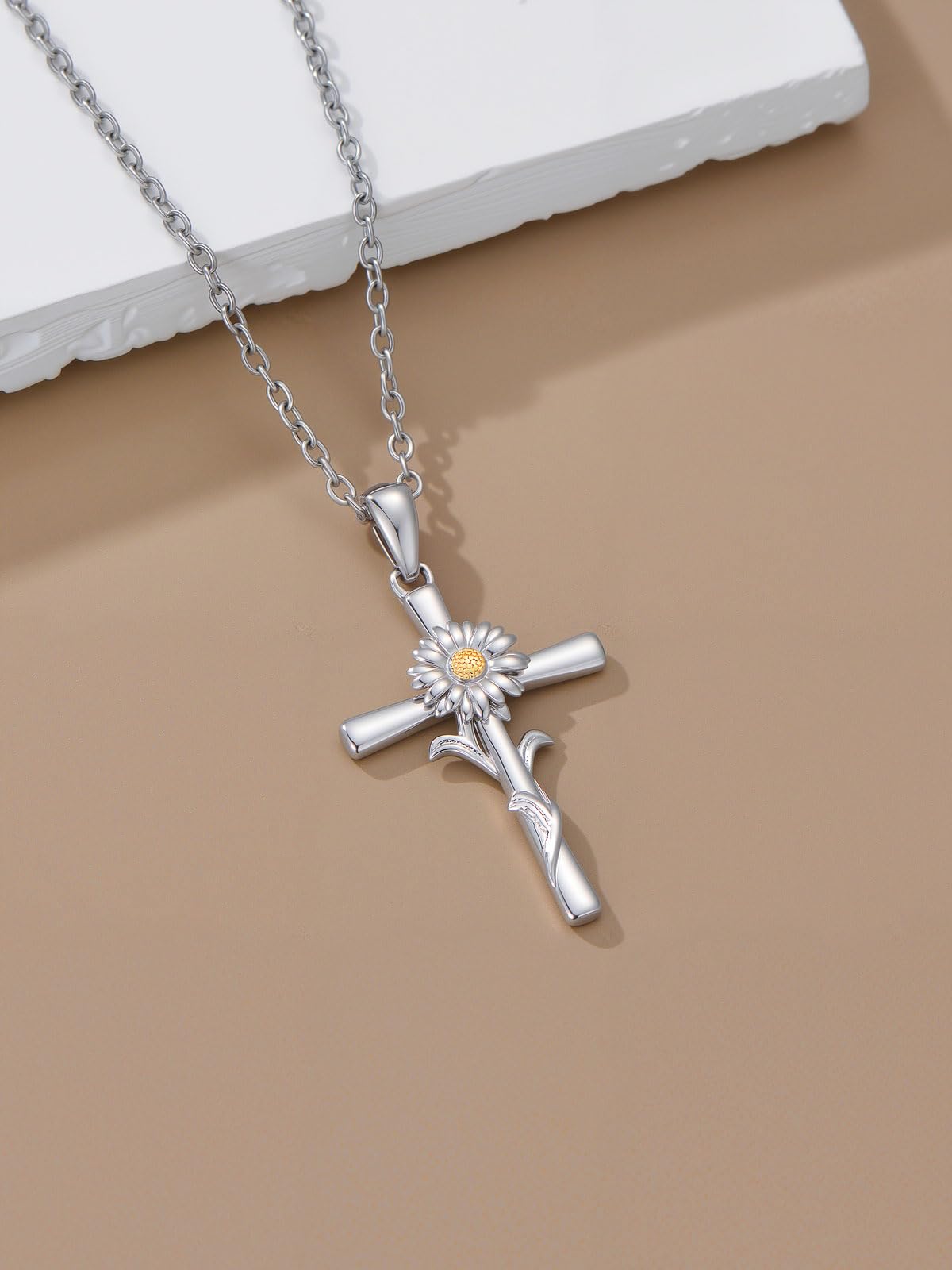 Cargari Daisy Cross Necklace 925 Sterling Silver Daisy Pendant Birth Flower Cross Necklace Jewelry Floral Gifts for Women