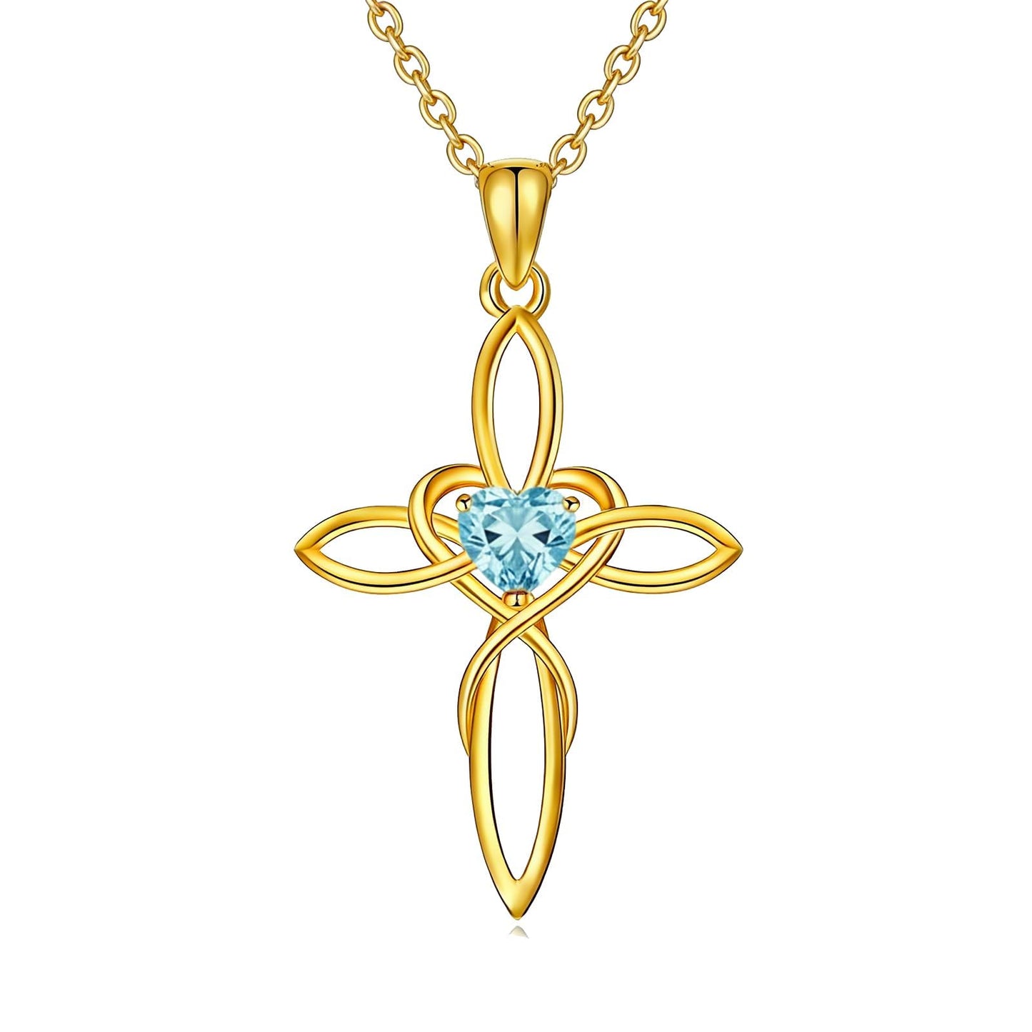 POIUY Celtic Knot Cross Birthstone Necklace for Women 14K Gold Irish Infinity Heart Pendant Cross Jewelry Anniversary Valentines Birthday Mothers Day Gifts for Mom Wife Her