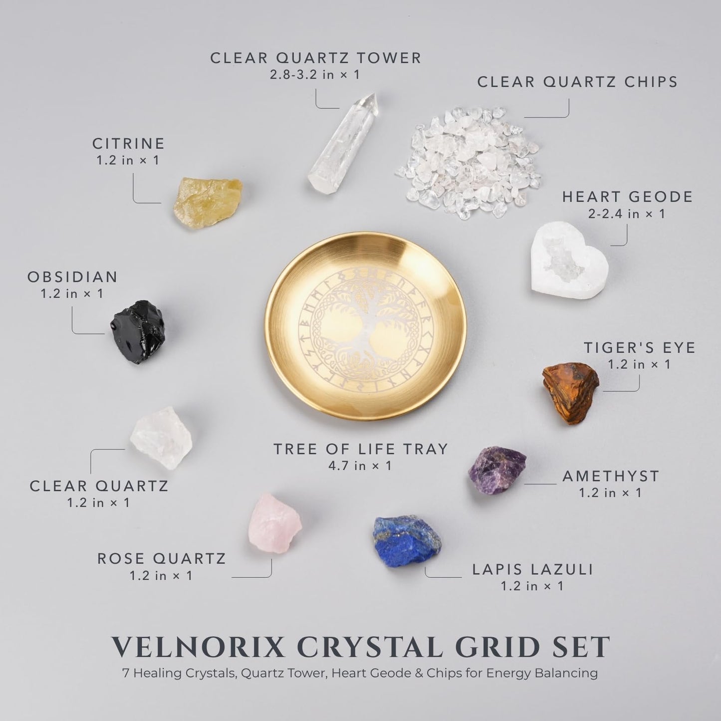 VELNORIX 7 Chakra Healing Crystals Grid Set – Real Stones, Clear Quartz Tower, Amethyst & Tree of Life Altar Tray – Spiritual Meditation & Reiki Decor for Yoga, Positive Energy (Guide Included)