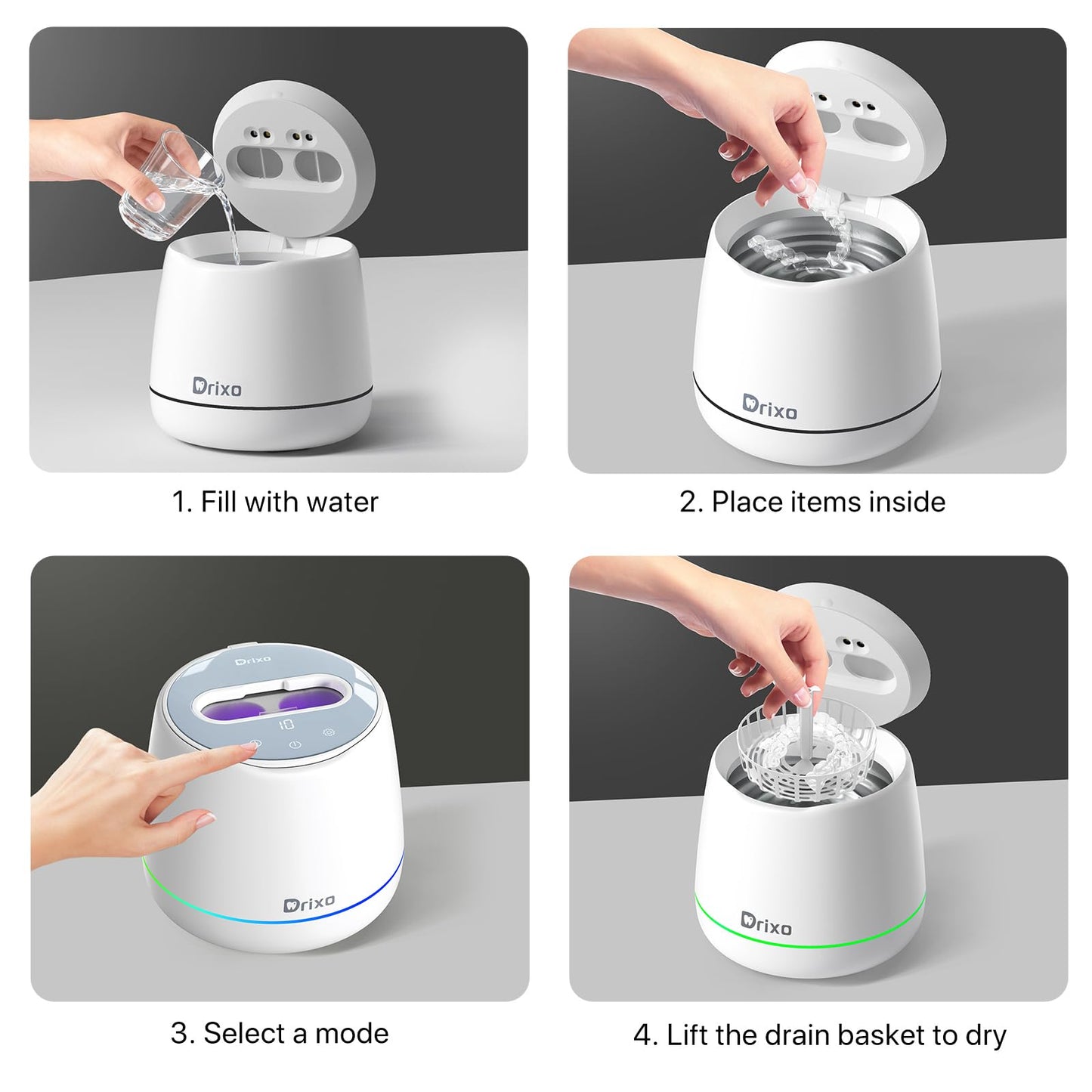 Drixo Ultrasonic Retainer Cleaner Machine, IPX6 Waterproof Dental Cleaning Pod, 3 Modes Denture Cleaner for Night Guard Mouth Guard Braces, 45kHz Denture Dome with UV Light, 200ML Tank, Arctic White