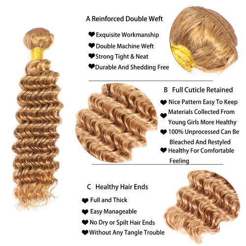 Condescension Brazilian Human Hair Bundles 16 18 20 Inch Deep Wave 3 Bundles Human Hair 100% Unprocessed Remy Brazilian Virgin Weave Hair Honey Blonde 27 for Women