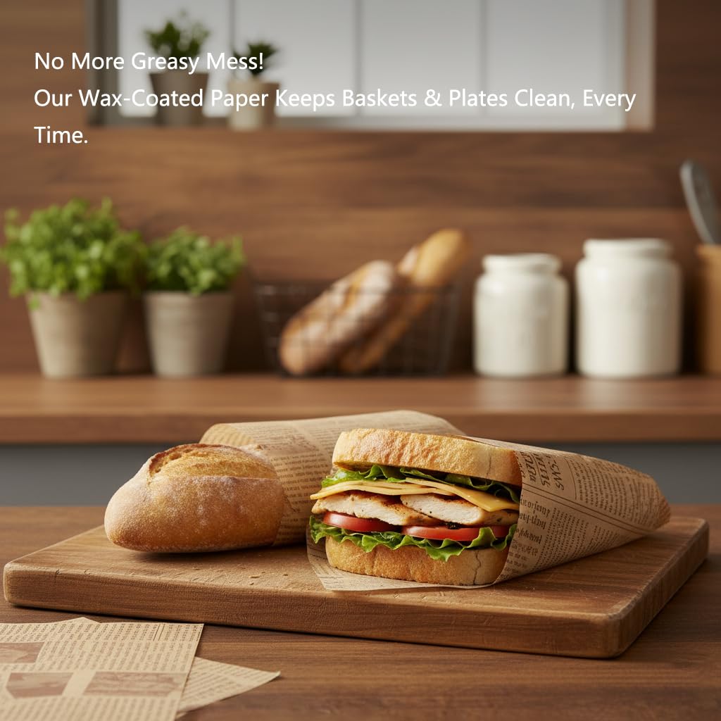 Aegwynn Deli Paper Sheets, Wax Coated, Food Safe, Grease-Proof, 10x10 Inch, 200 Count, Kraft Paper for Food Service, Sandwich Wrapping