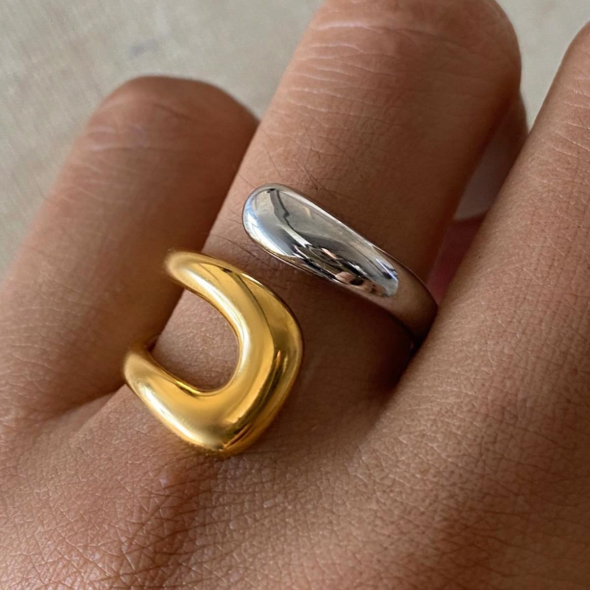 AIETUE Chunky Rings For Women, Gold Silver Thumb Ring Asymmetrical Wavy Curve Ring Adjustable Non Tarnish Dainty Stainless Steel New Year Anniversary Birthday Jewelry Gift (Zesty-Mixed)