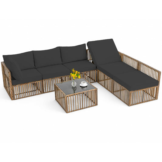 7-Piece Outdoor Patio Furniture Set, Modern PE Rattan Sectional Sofa with Adjustable Chaise Lounge & Glass Table, Modular All-Weather Wicker Conversation Set for Backyard Poolside Porch (Brown-Gray)