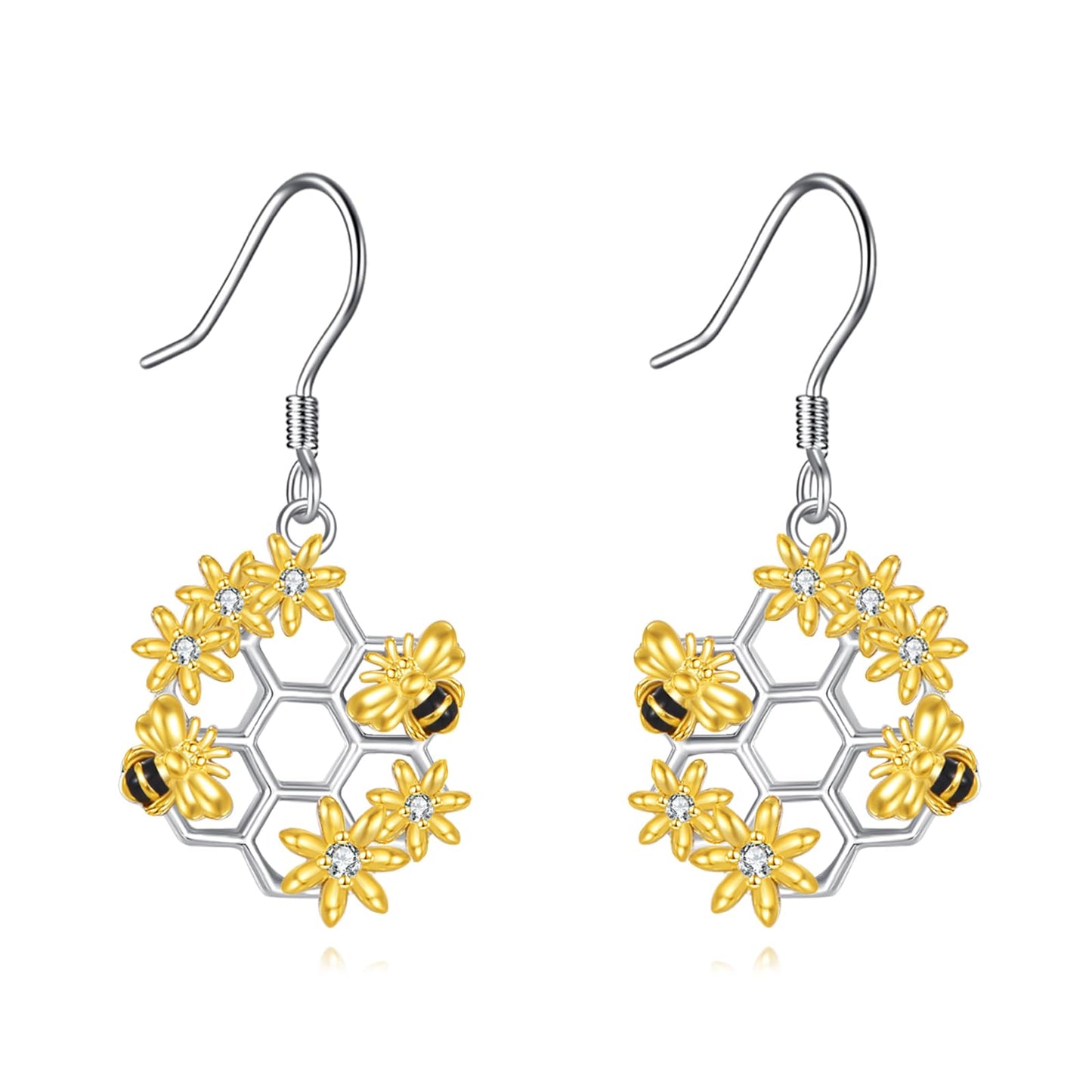 YONFQE Bee Earrings S925 Sterling Silver Honeycomb Honeybee Dangling Hanging Pendant Earrings Cute Jewelry Gifts for Women