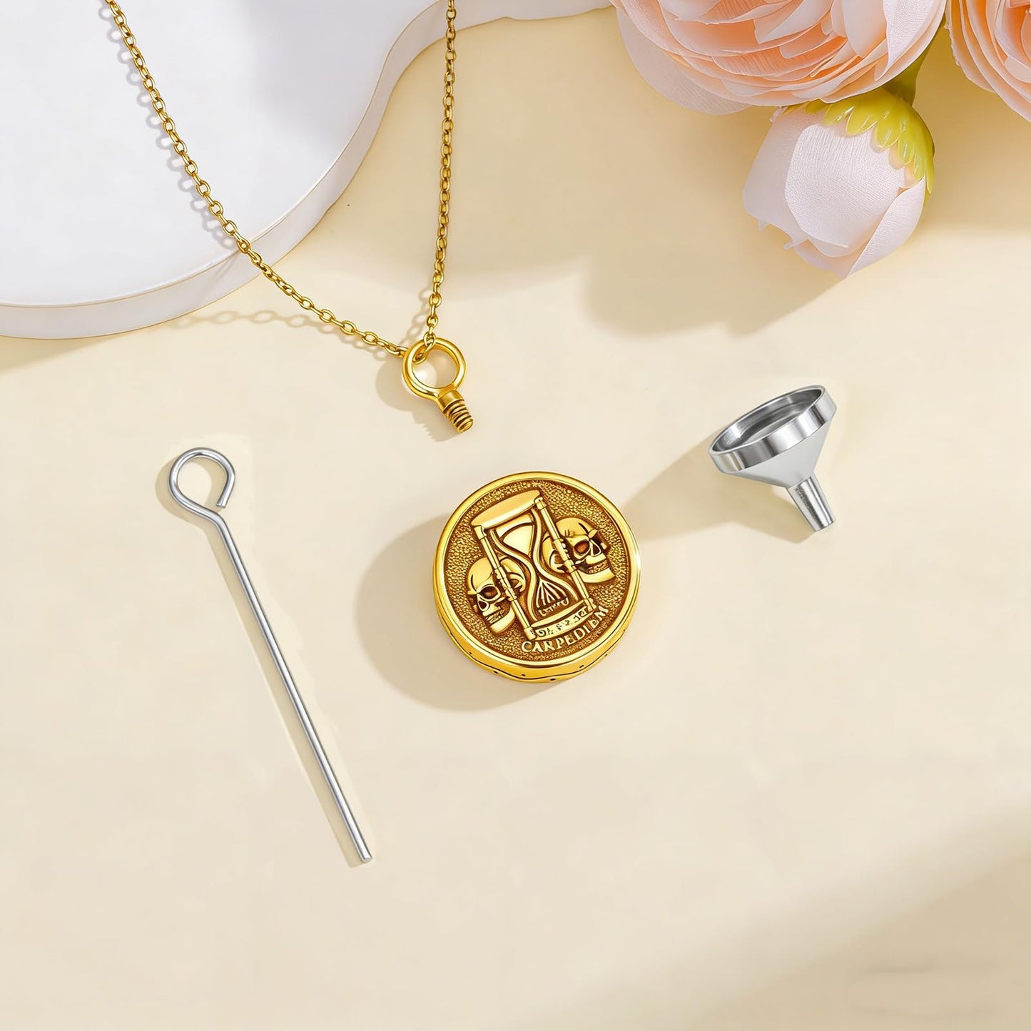 Memento Mori Gold Skull Urn Necklace for Ashes Gothic Tree of Life Hourglass Cremation Memorial Jewelry Amulet Protection Necklace Gift for Men Women Him Her