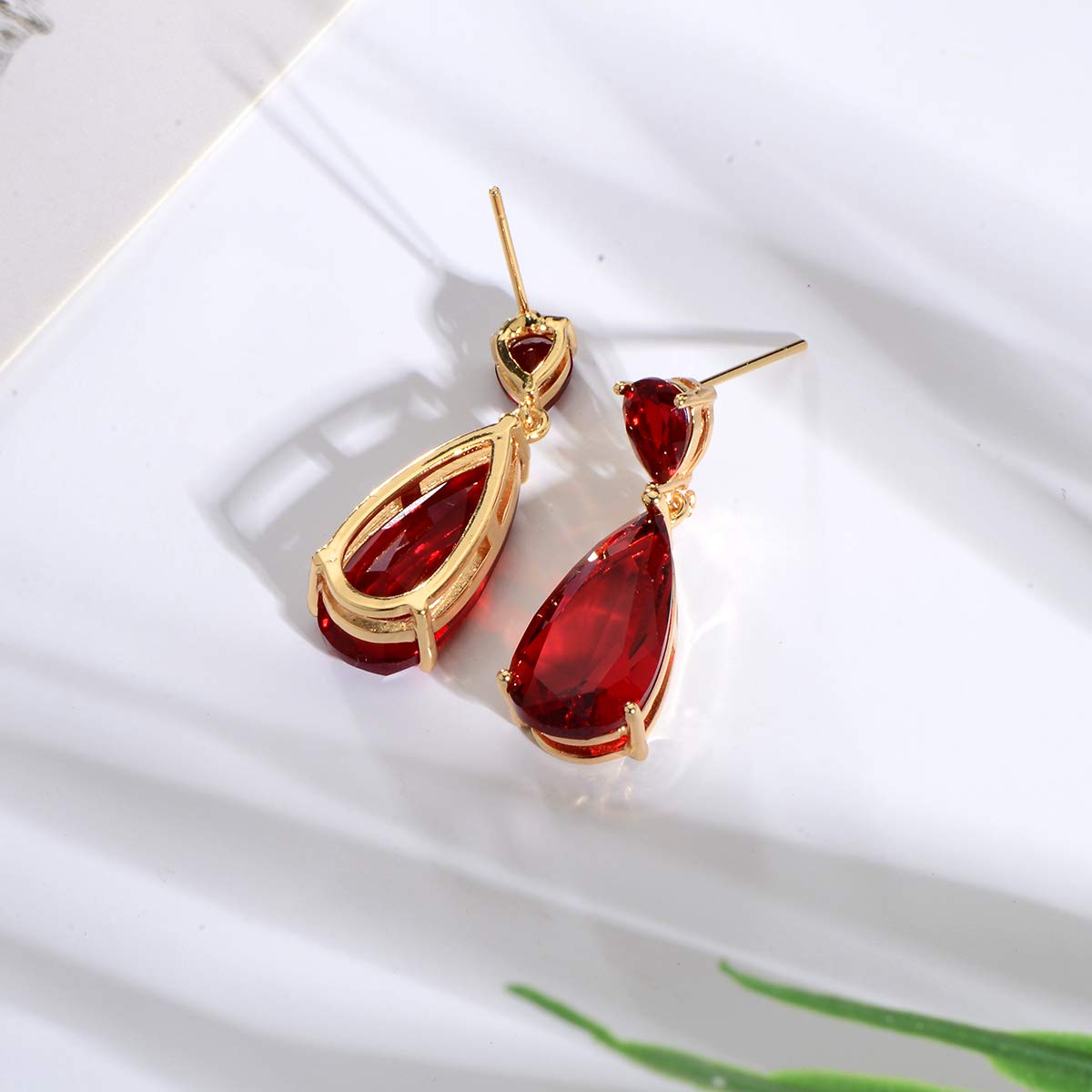 Mycitta Bridal Jewelry Set for Wedding - 18k Gold Plated Red Ruby Teardrop Cubic Zirconia Crystal CZ Drop Earrings and Pendant Necklace Set for Mother of Bride Prom Party Formal Women