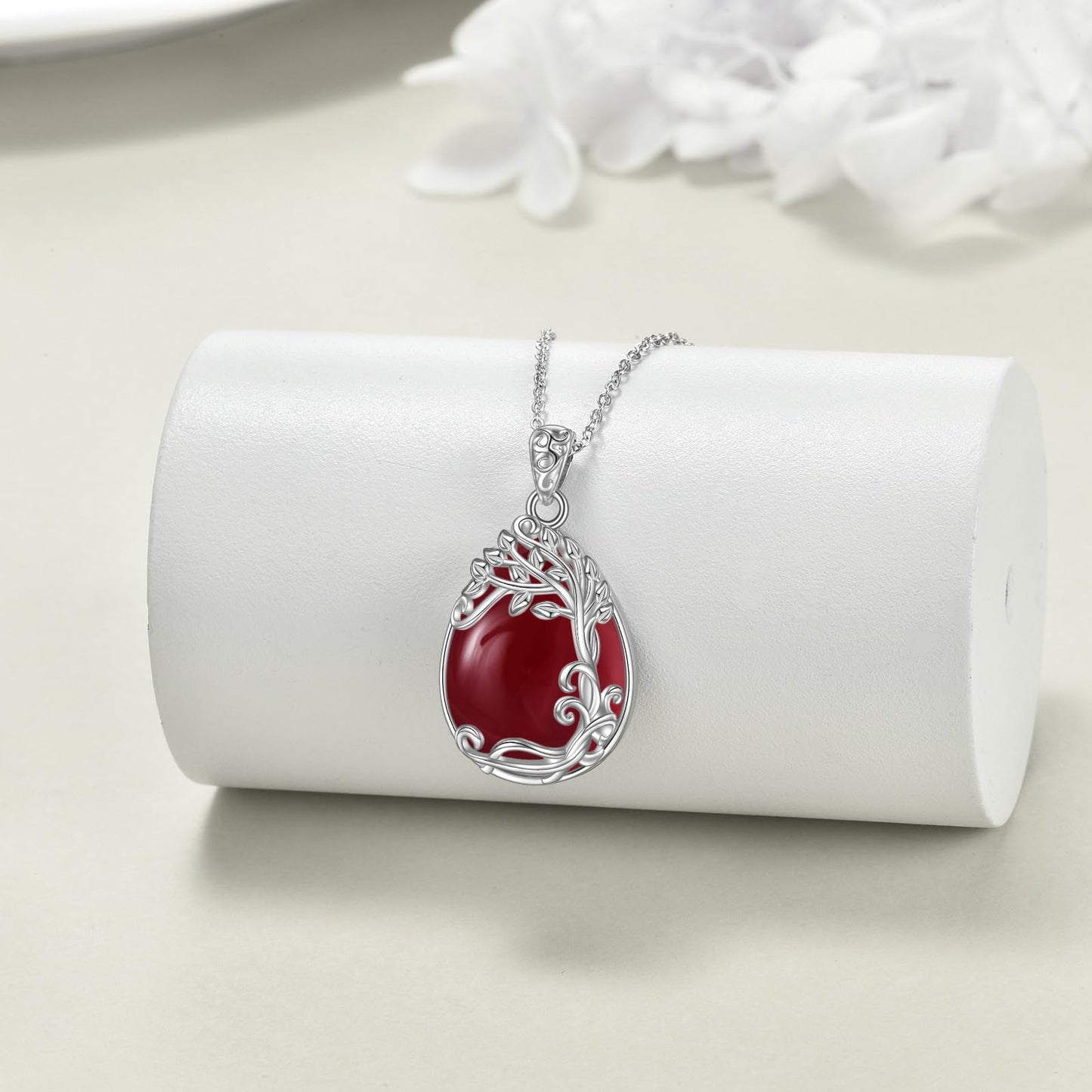 YAFEINI 925 Sterling Silver Red Agate Necklace Tree of Life Teardrop Pendant Necklace Jewelry for Women (KK-Tree of Life Red Agate Necklace)