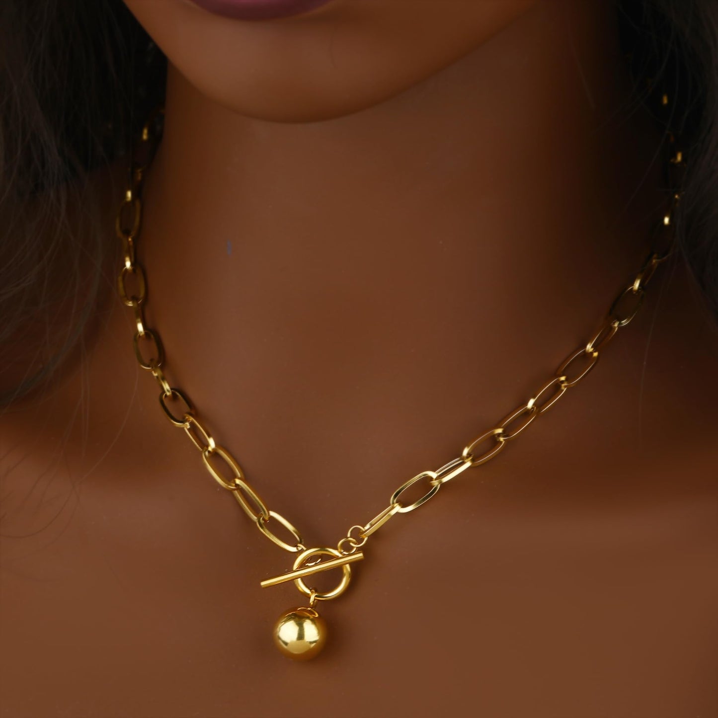 BONJOULRY Chunky Gold Necklace for Women, 18K Waterproof Heart Necklace Statement Necklace Gold Charm Necklace Chunky Jewelry Paperclip Chain Choker Gift for Women (Golden Ball)