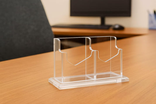 Acrylic Business Card Holder for Desk - 2 Slot Vertical Clear Business Card Display Stand, Fits Standard 2 x 3.5 Inch Cards, Office Desk Organizer for Home & Professional Use