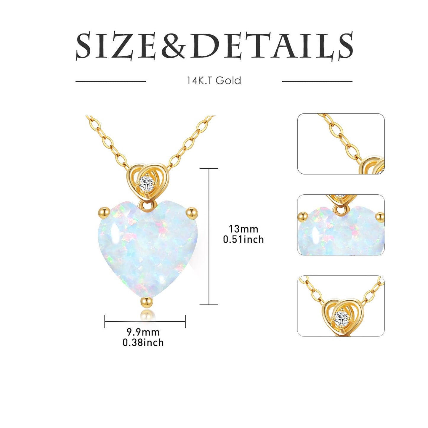 NFYBD 14k Gold Love Heart White Opal Birthstone Pendant Necklace for Women 3 Carat Heart-cut Created Gemstone Anniversary Birthday Mother's Day Necklaces for Her 16+1+1 inch-Opal