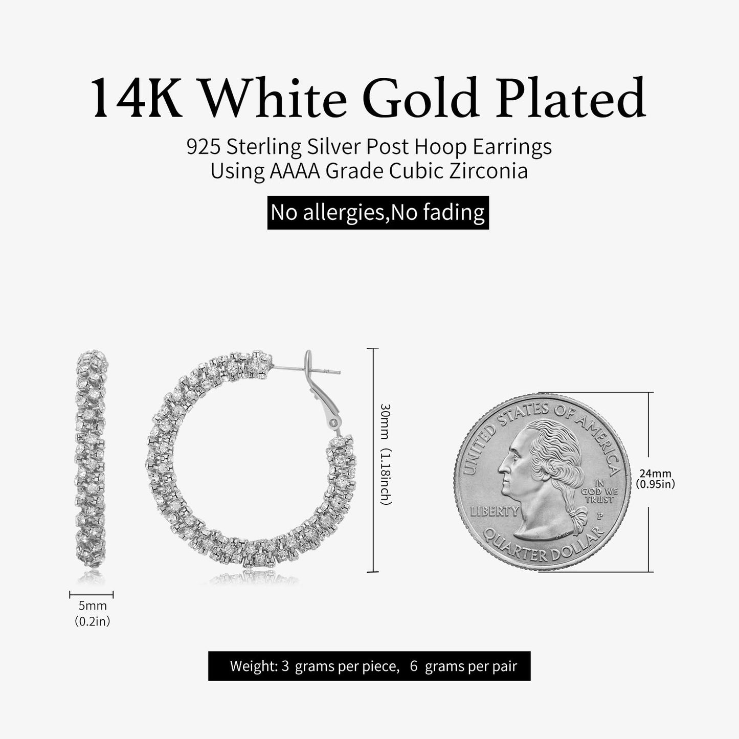 SayovatBek 14K Gold Plated 25–35mm Lightweight Hoop Earrings for Women, Cubic Zirconia, 925 Sterling Silver Post, Hypoallergenic Jewelry