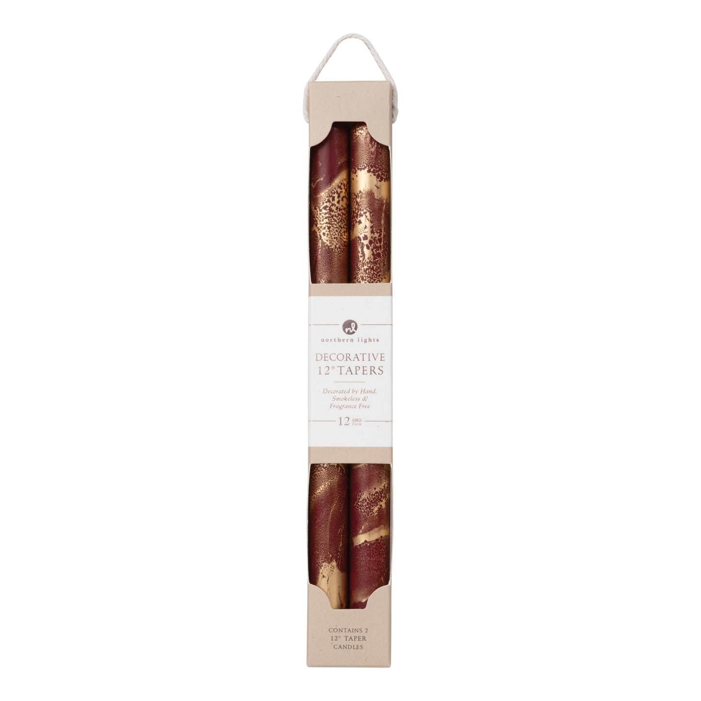 Northern Lights Candles - Premium Decorative Tapers - 12" 2PK - Bordeaux w/Gold - 73302"