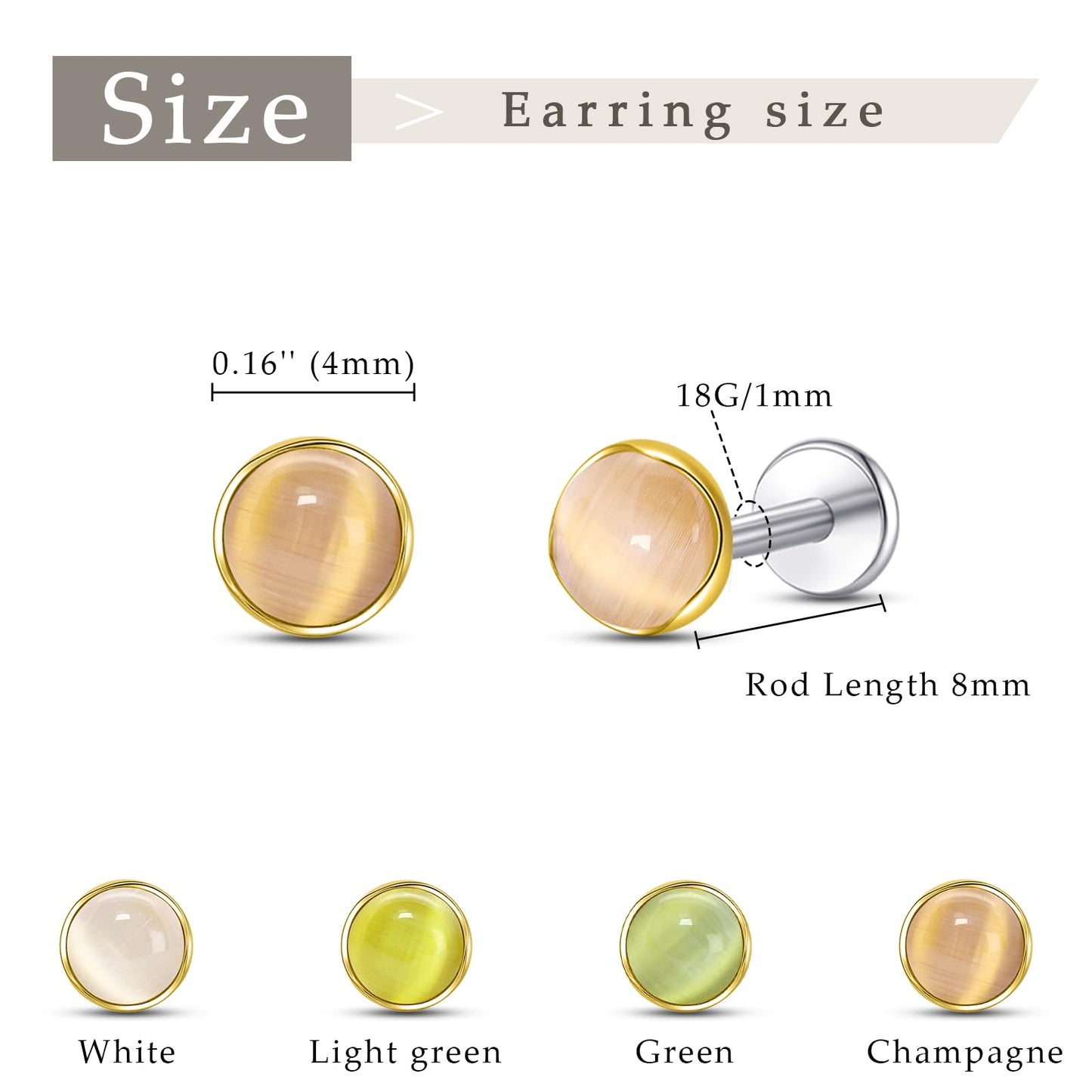 Limerencia Hypoallergenic Earrings for Sensitive Ears - 18G G23 Titanium Round Cat's Eye Push in Stud Earrings, Cartilage Stone Pierced Earrings for Women Men Gift,Champagne 4mm