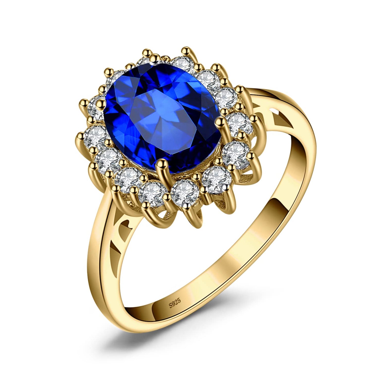 JewelryPalace Princess Diana Kate Middleton Gemstone Birthstone Blue Sapphire Halo Statement Engagement Rings for Women, 14K Yellow Gold Plated 925 Sterling Silver Promise Rings for Her Size 10.5