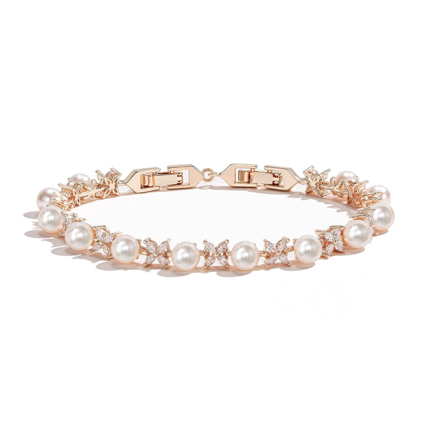 EVER FAITH Wedding Jewelry for Bride White Marquise Cubic Zirconia Cream Faux Pearl Floral Bridal Prom Tennis Bracelet for Women Clear Rose Gold-Plated-Brass